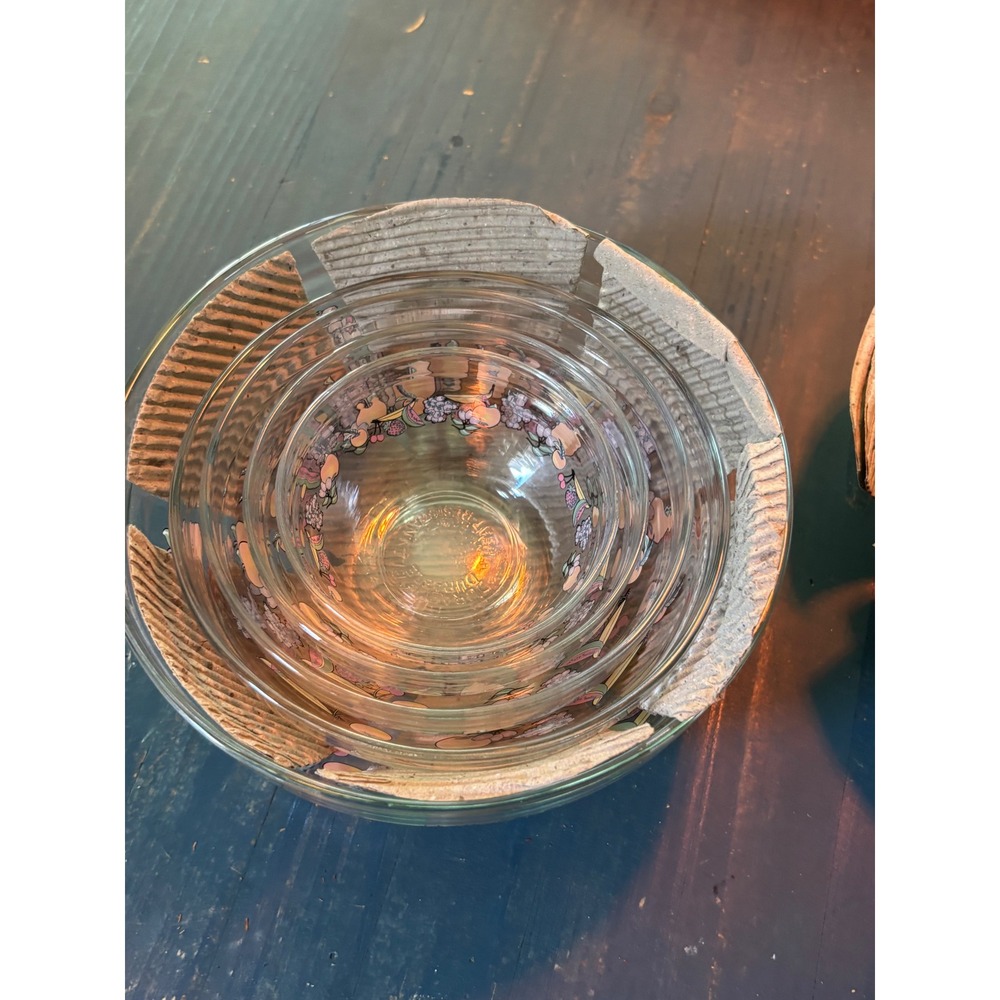 Vintage Fruit Motif Glass Nesting Mixing Bowls Set of 5 Heat Resistant Clear - Picture 9 of 12